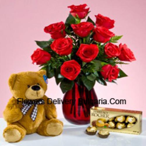 11 Rose Rosse con Orso di Peluche da 12 Pollici e Ferrero Rochers