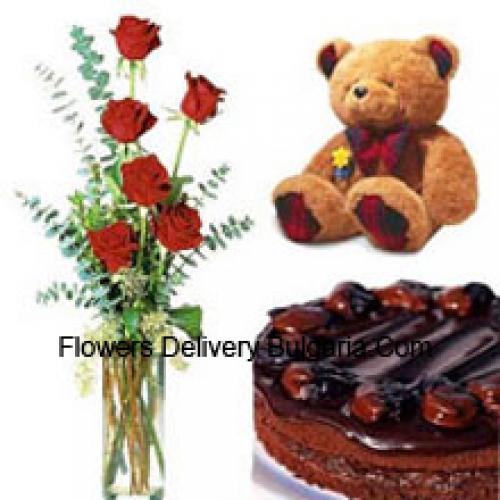 7 Rote Rosen mit Schokoladenkuchen und Teddy