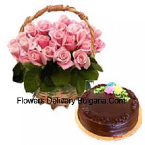 25 Pink Roses with Chocolate Truffle Cake