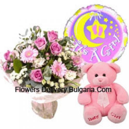 Rosa Sortierte Blumen mit Ballon und Teddy