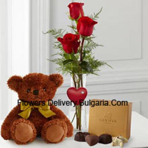 3 Rose Rosse con Orsacchiotto e Cioccolatini