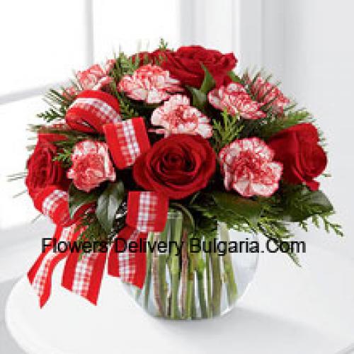 Roses and Carnations with Greens in Vase